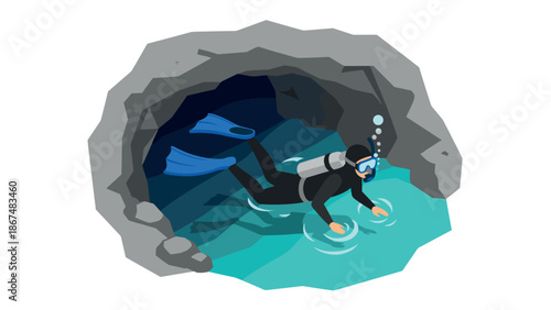 Underwater cave exploration with diver in wetsuit and fins