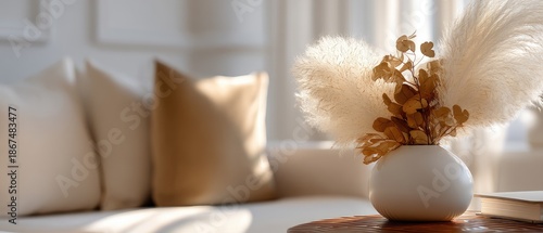Vase with dried flowers in a modern living room featuring a beige sofa and wooden coffee table bathed in natural light