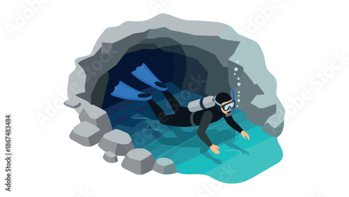 Isometric scuba diver exploring underwater cave