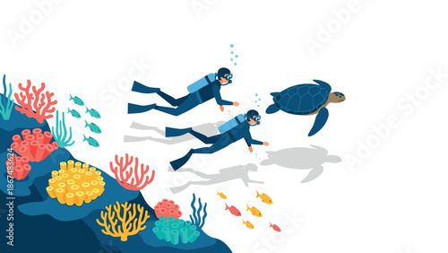 Divers exploring vibrant coral reefs with sea turtle in underwater scene
