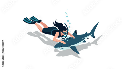Diver swimming with shark in underwater adventure scene