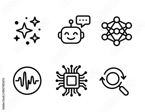 A clean outline icon set featuring artificial intelligence symbols: chatbot, neural network, microchip, and voice wave. Perfect for tech projects and apps.
