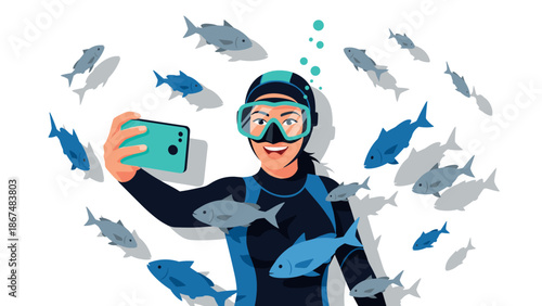 Diver taking a selfie underwater surrounded by fish in a vibrant scene