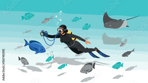 Underwater adventure with diver exploring marine life in flat style