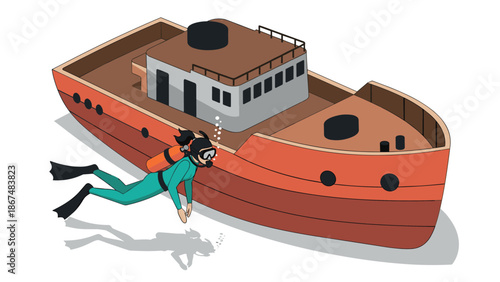 Colorful isometric shipwreck with diver exploring underwater