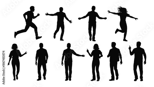Silhouettes of people in various dynamic poses showcasing movement and activity