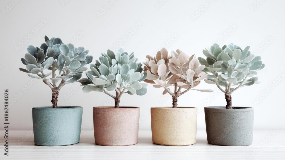 Fototapeta premium Four small succulent plants in pastel pots lined up on a light wooden surface. Concept Pastel Pot Succulents, Row of Small Plants, Light Wood Surface, Minimalist Greenery