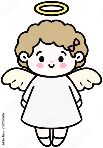 Cute baby angel in a white dress with wings on a soft background.