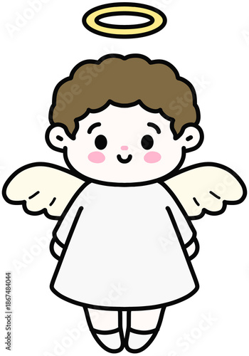 Cute baby angel in a white dress with wings on a soft background.