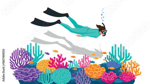 Colorful coral reef adventure with scuba diver surrounded by tropical fish