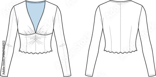 Women fashion blouse technical flat sketch showing front and back views with long sleeves fitted waist and scalloped hem