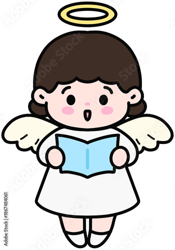 Cute baby angel in a white dress singing a song with wings.