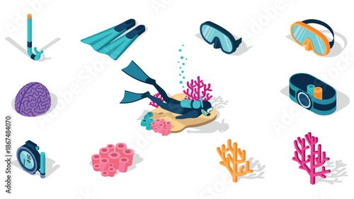 Isometric diving scene with snorkeling gear and coral reefs