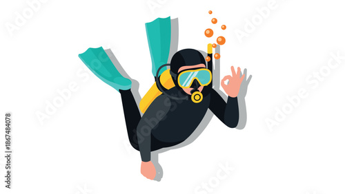 Scuba diver in wetsuit giving ok sign underwater with bubbles and snorkel gear