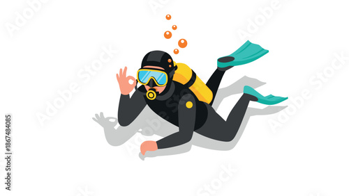 Diver in wetsuit showing ok sign underwater with oxygen tank in flat style