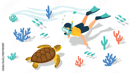 Scuba diver and sea turtle in colorful coral reef