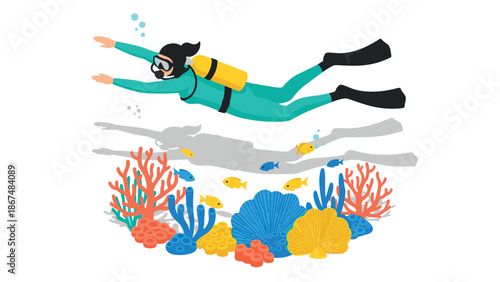 Scuba diver exploring vibrant coral reef with colorful fish