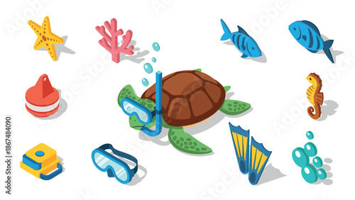Colorful isometric underwater exploration with marine life and diving gear