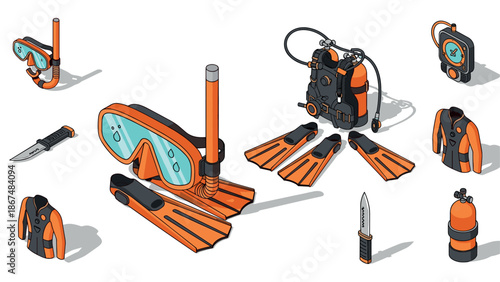 Underwater adventure gear in dynamic isometric style for scuba enthusiasts