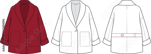 Women Oversized Blazer Jacket Technical Flat Sketch Showing Front Back and Color Variations for Fashion Design Apparel Manufacturing Vector