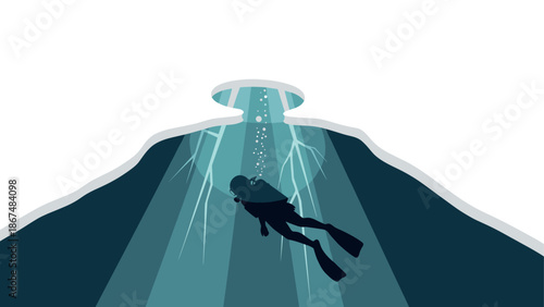 Silhouette of diver exploring icy underwater cave with sunlight