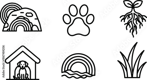 Collection of six simple line drawings of dog and nature related icons