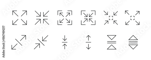 Expand Collapse Arrow Icons Set for UI UX Design, Modern Minimal Line Icons for Fullscreen, Zoom In Zoom Out, Navigation Controls, Web and Mobile App Interface, Dashboard and Software Elements
