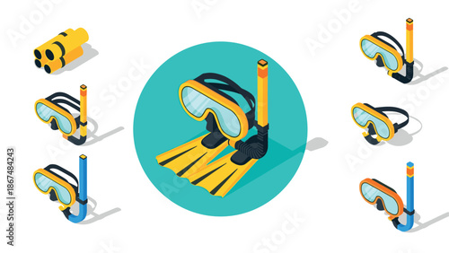 Isometric snorkeling gear set with mask, snorkel, and flippers