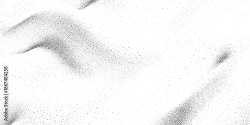 Monochrome stippled abstract background with swirling grey shapes and scattered dots white black
