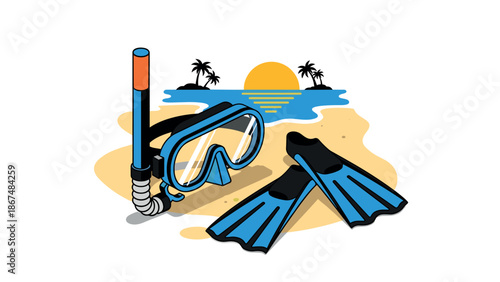 Snorkeling gear on tropical beach at sunset for summer adventure