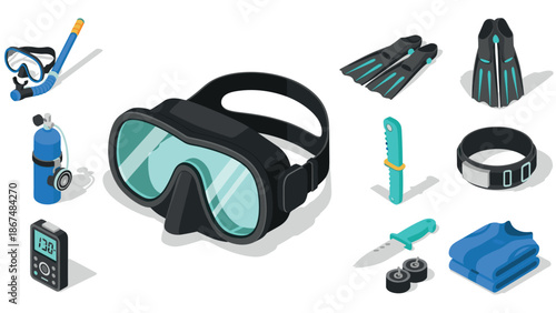 Isometric diving gear set with snorkel, mask, fins, and safety equipment