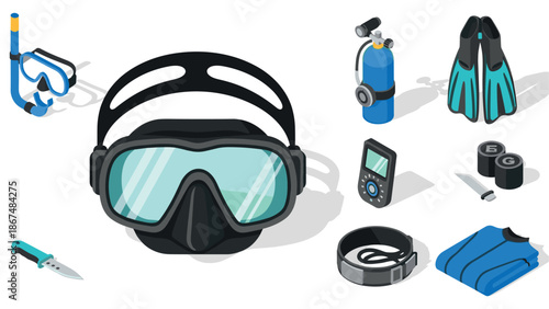 Essential isometric scuba diving equipment set for underwater exploration