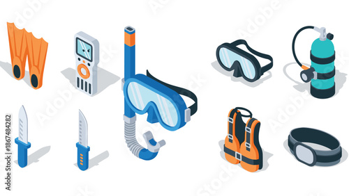 Isometric scuba diving gear: snorkel, mask, fins, and safety equipment set