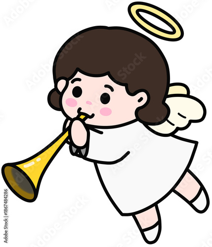 Cute baby angel blowing a golden trumpet with white wings.
