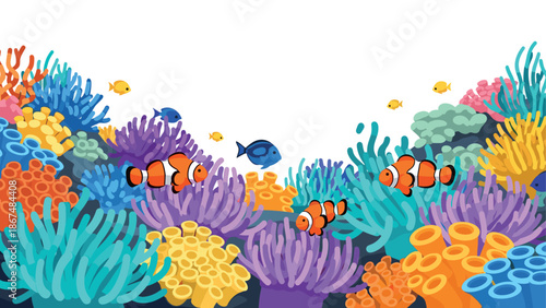 Colorful underwater coral reef scene with vibrant marine life and tropical fish