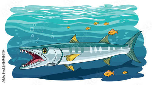 Underwater scene with ferocious barracuda and colorful fish