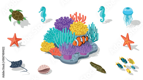 Isometric underwater scene with coral reef and marine life elements