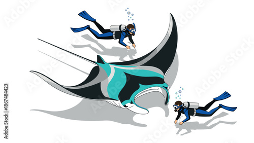 Scuba divers exploring with a giant manta ray in clear waters