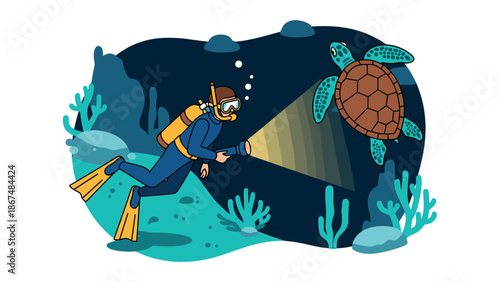 Underwater exploration with diver and sea turtle in vibrant cartoon style