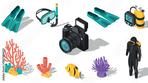 Isometric underwater exploration gear with diving equipment and marine life