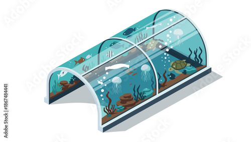 Isometric aquarium tunnel with marine life and coral reefs