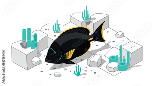 Isometric tropical fish with coral and rocks on ocean floor