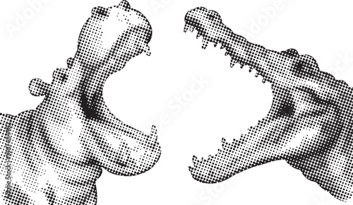 Roaring Crocodile and Hippopotamus Halftone Dot Illustration Set with Retro Comic Style Animal Heads on White Background