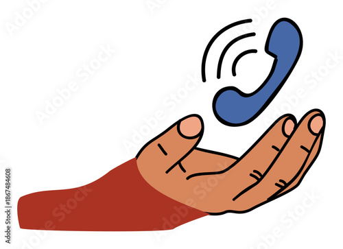 Minimal flat vector illustration of a hand holding a phone receiver symbol, representing customer support, hotline, call assistance, and communication.