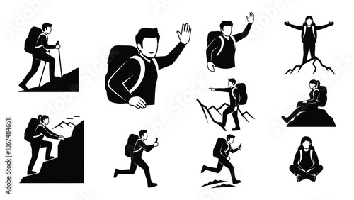 Silhouettes of people hiking running and meditating in various poses