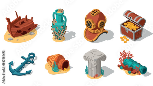 Isometric underwater treasure and shipwreck collection with nautical artifacts