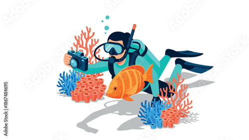 Scuba diver with camera exploring coral reefs and tropical fish in isometric style