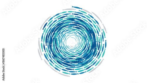 Circular school of fish in a spiral pattern on a white background