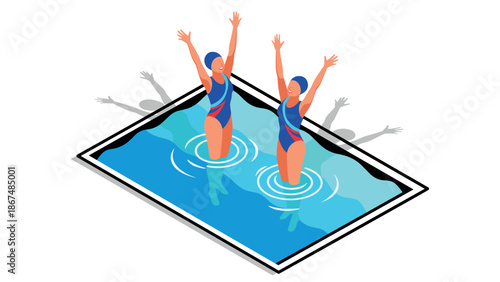 Isometric synchronized swimmers performing in a swimming pool