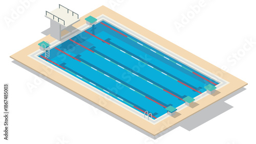 Isometric swimming pool with lanes and diving boards for competition sports design